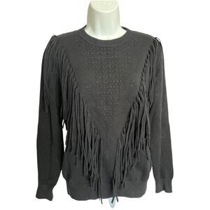 Chouyatou Sweater Fringe Black Patterned Knit Pullover Crew Neck Medium NWT